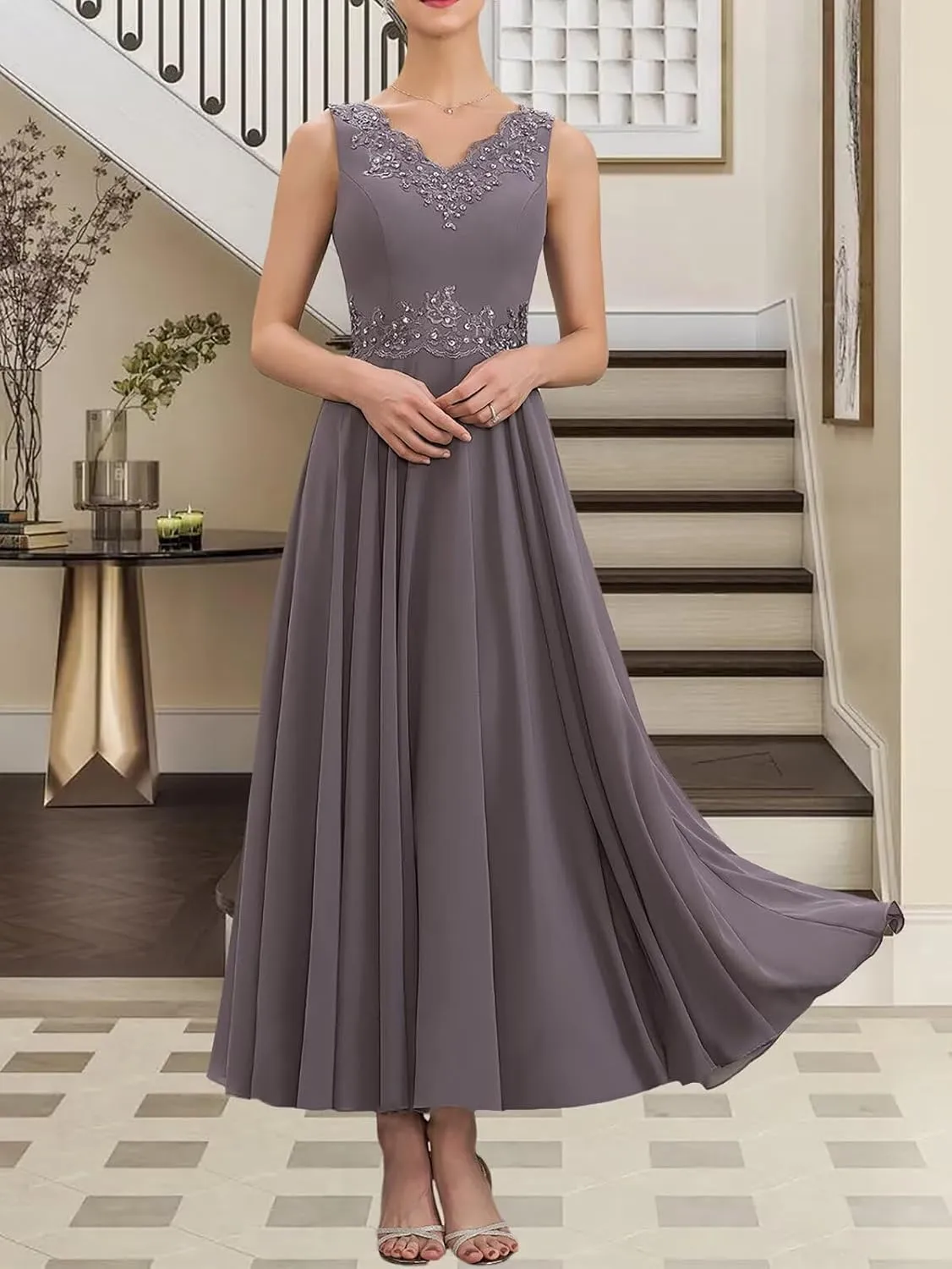 2 Piece Mother of The Bride Dresses with Jacket 3/4 Sleeve Chiffon Lace Sequin Evening Dresses for Women Wedding Guest