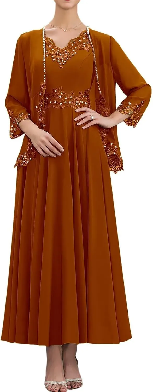 2 Piece Mother of The Bride Dresses with Jacket 3/4 Sleeve Chiffon Lace Sequin Evening Dresses for Women Wedding Guest