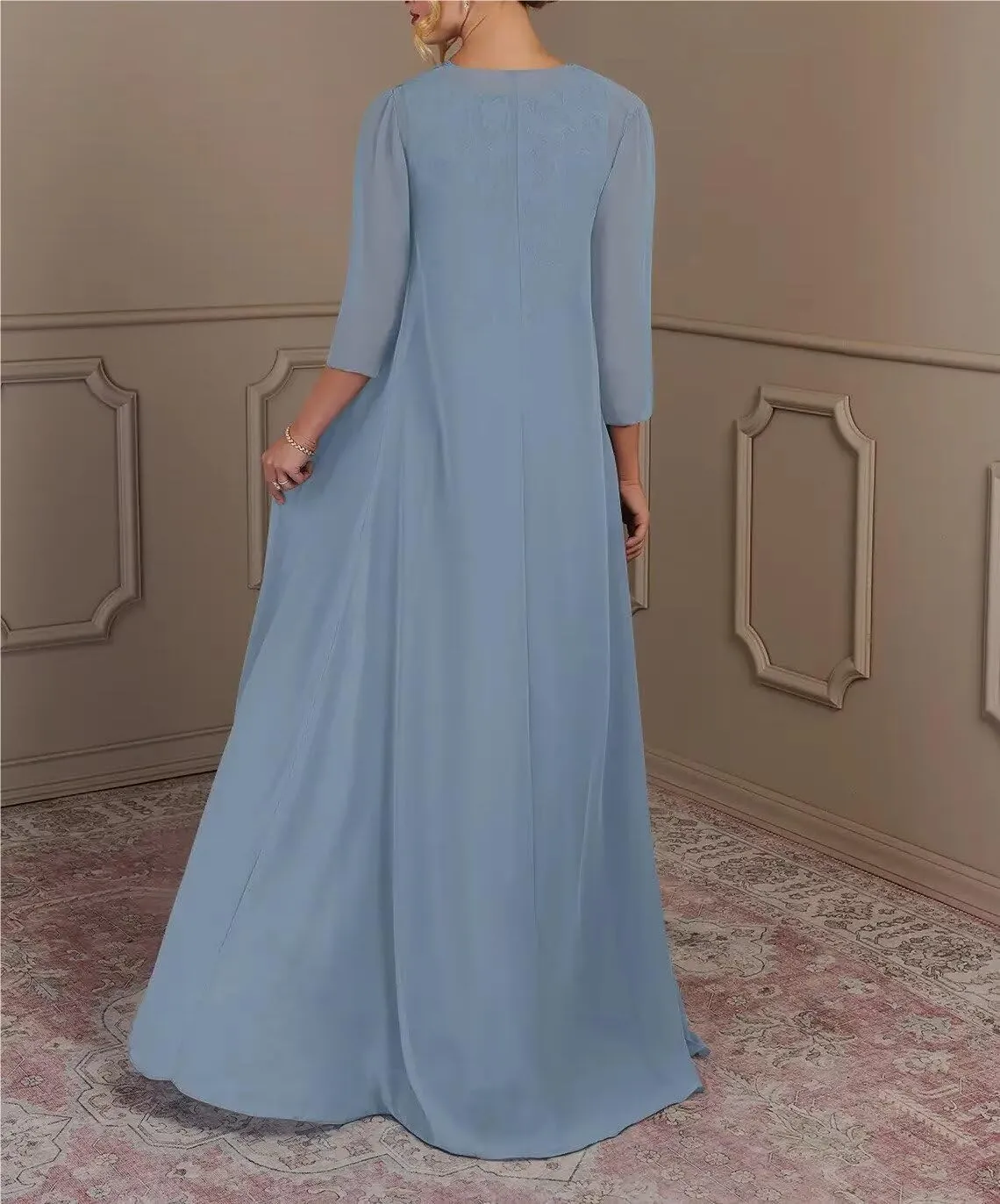 2 Piece Mother of The Bride Dresses with Jacket Long Chiffon Lace Mother of Groom Dresses for Wedding 3/4 Sleeve