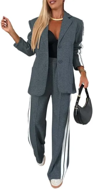 2 Piece Outfits Double Breasted Blazer and Wide Leg Work Pants Casual Blazer Sets Dressy Suits with Pockets,Plus Size