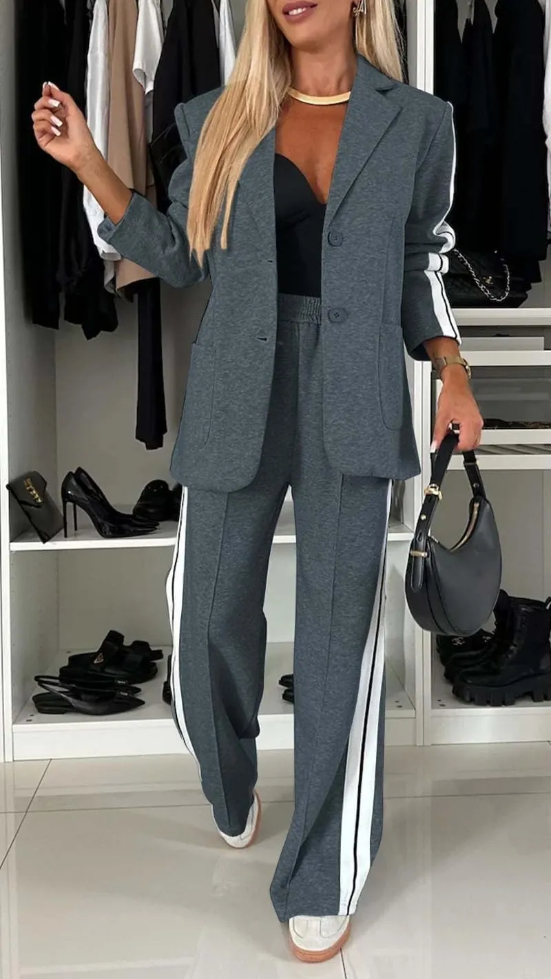 2 Piece Outfits Double Breasted Blazer and Wide Leg Work Pants Casual Blazer Sets Dressy Suits with Pockets,Plus Size
