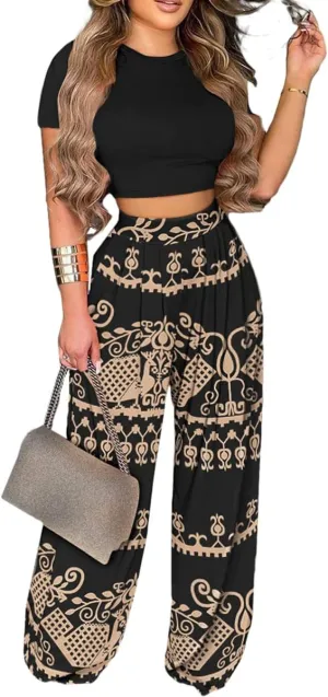 2 Piece Outfits for Women Short Sleeve Crop Top High Waist Wide Leg Long Pant Sets Tracksuit Sport Set