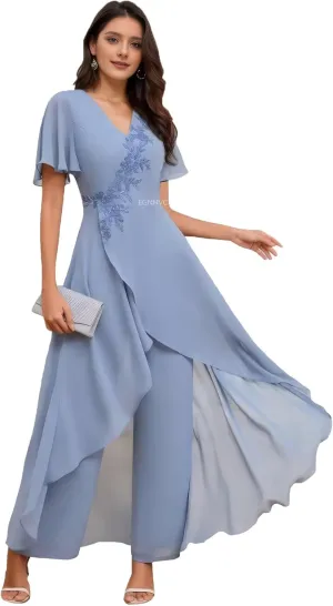 2 Pieces Dressy Pant Suits for Women Short Sleeve Lace Mother of The Bride Dresses Formal Outfits Dusty Blue Jumpsuit 16