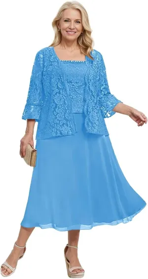 2 Pieces Mother of The Bride Dresses for Wedding 3/4 Sleeve Lace Appliques Chiffon Formal Evening Gown with Jacket