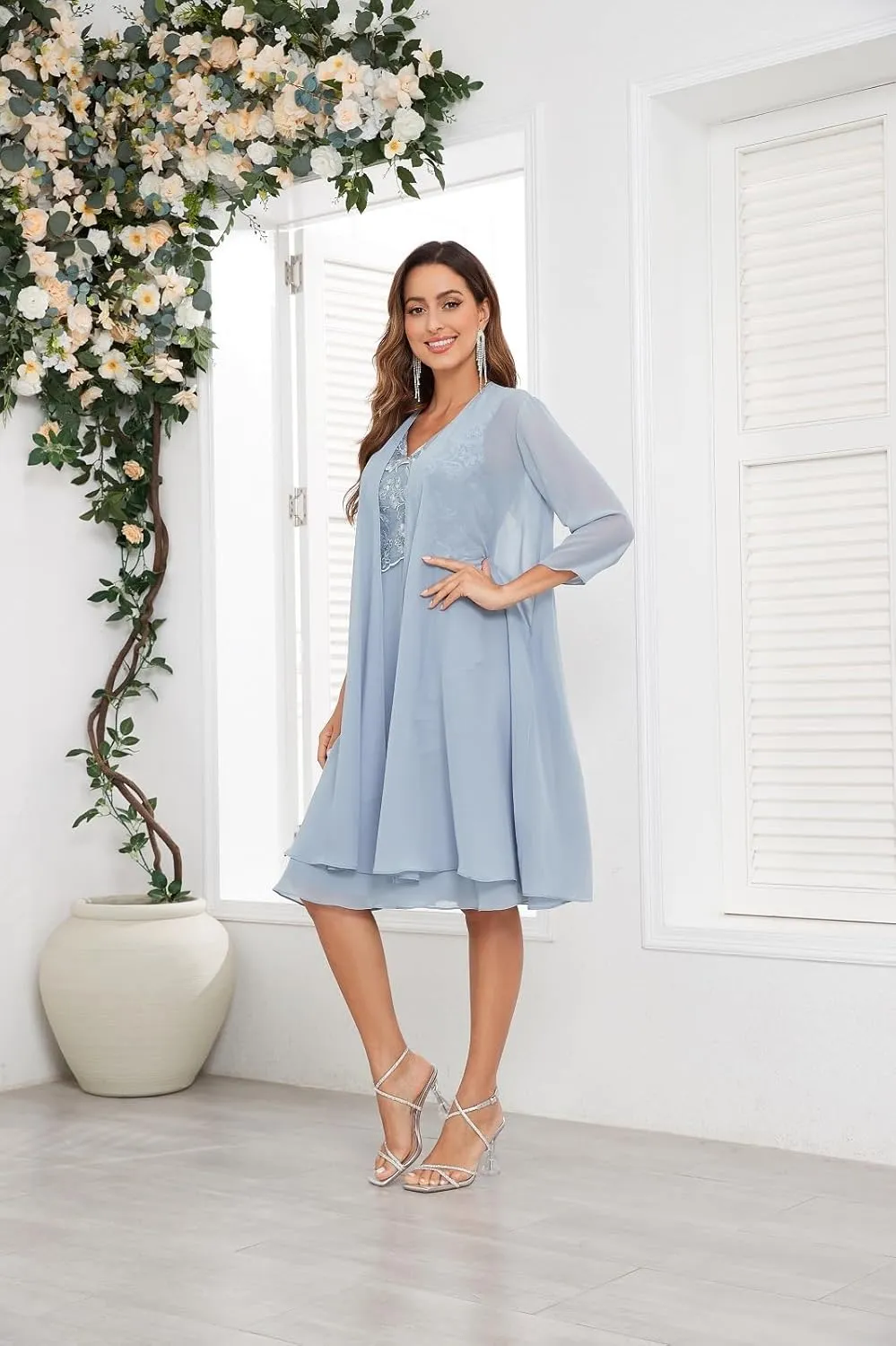2 Pieces Mother of The Bride Dresses for Wedding Lace Applique Chiffon Ruffle Formal Dress with Jacket