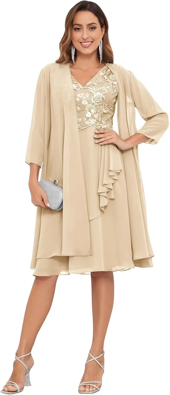 2 Pieces Mother of The Bride Dresses for Wedding Lace Applique Chiffon Ruffle Formal Dress with Jacket