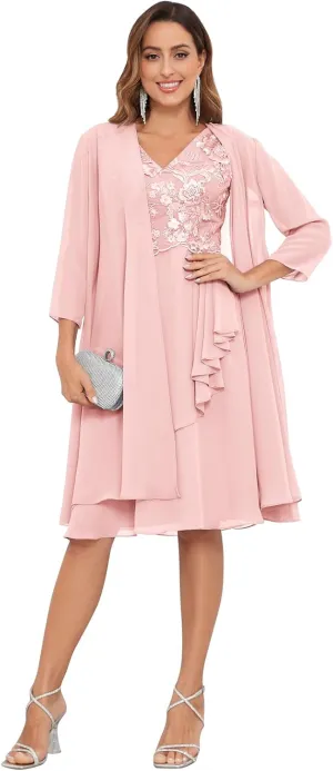 2 Pieces Mother of The Bride Dresses for Wedding Lace Applique Chiffon Ruffle Formal Dress with Jacket