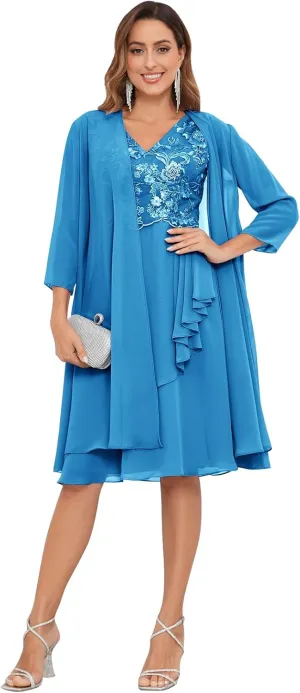 2 Pieces Mother of The Bride Dresses for Wedding Lace Applique Chiffon Ruffle Formal Dress with Jacket