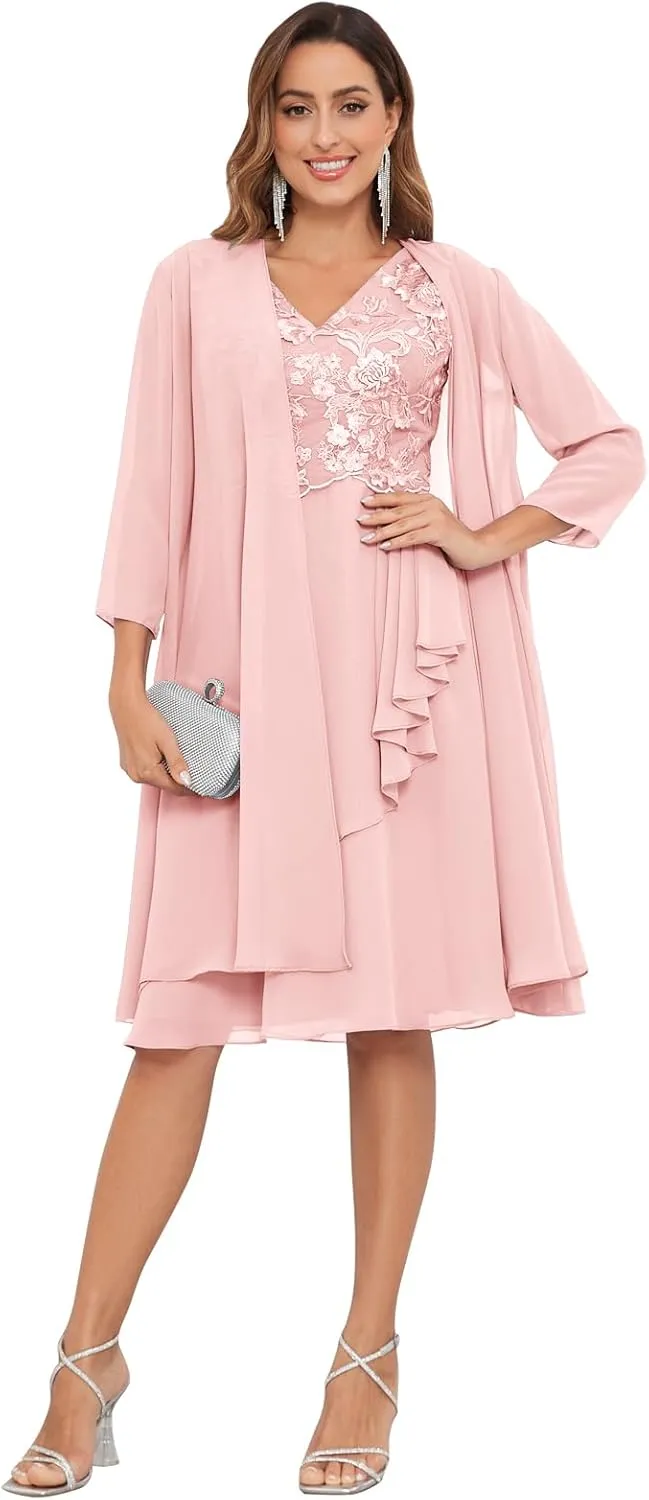 2 Pieces Mother of The Bride Dresses for Wedding Lace Applique Chiffon Ruffle Formal Dress with Jacket