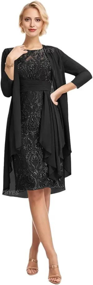 2 Pieces Mother of The Bride Dresses with Jacket Lace Chiffon Formal Wedding Guest Dress