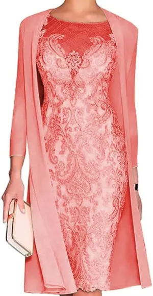2 Pieces Mother of The Bride Dresses with Jacket Tea Length Laces Chiffon Formal Evening Gowns for Wedding Party Guest Coral