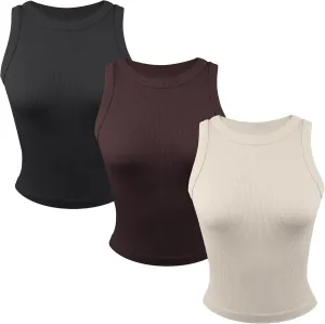 3 Pack Stretch Tank Tops for Women, Ribbed Seamless Crew Neck Womens Workout Crop Top Yoga Gym Shirts