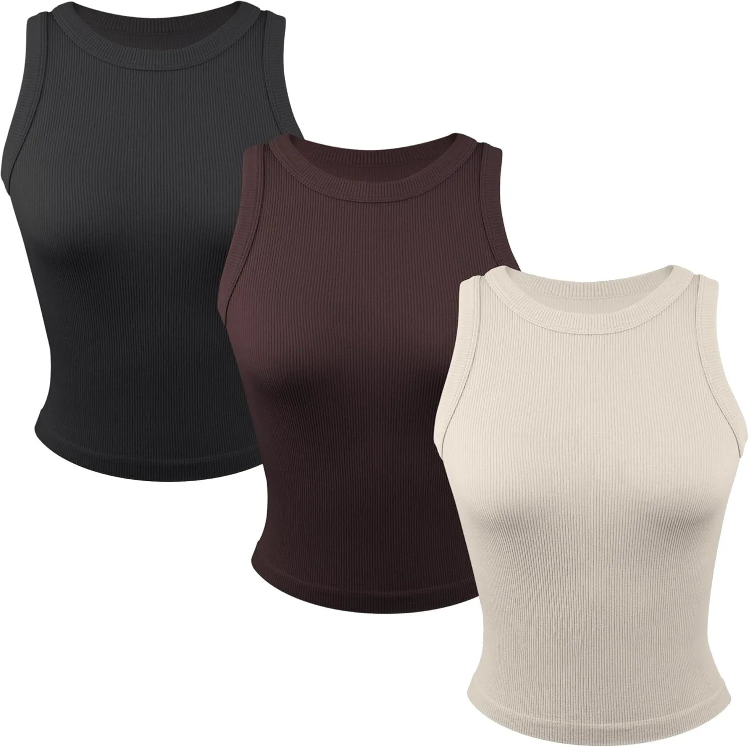 3 Pack Stretch Tank Tops for Women, Ribbed Seamless Crew Neck Womens Workout Crop Top Yoga Gym Shirts