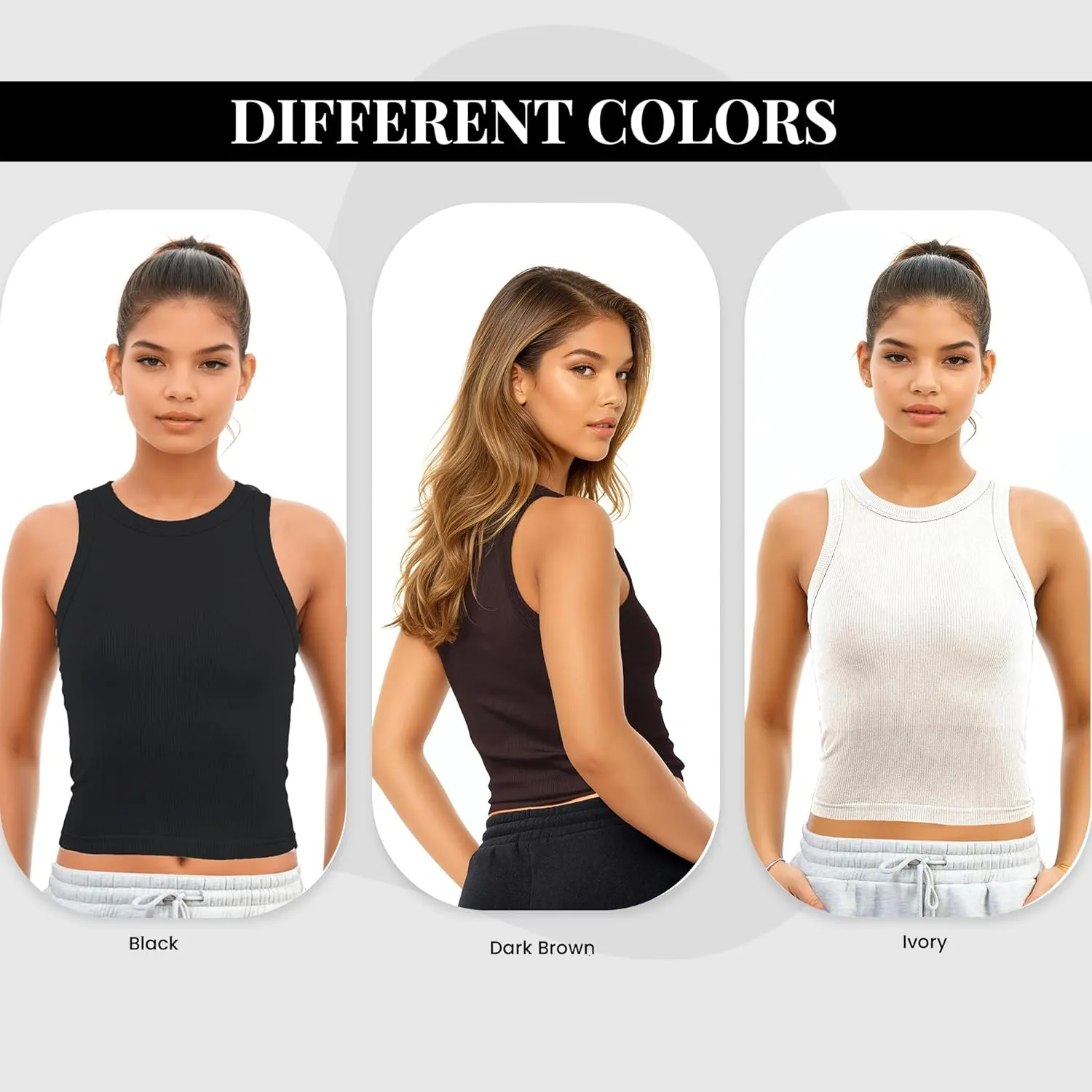 3 Pack Stretch Tank Tops for Women, Ribbed Seamless Crew Neck Womens Workout Crop Top Yoga Gym Shirts