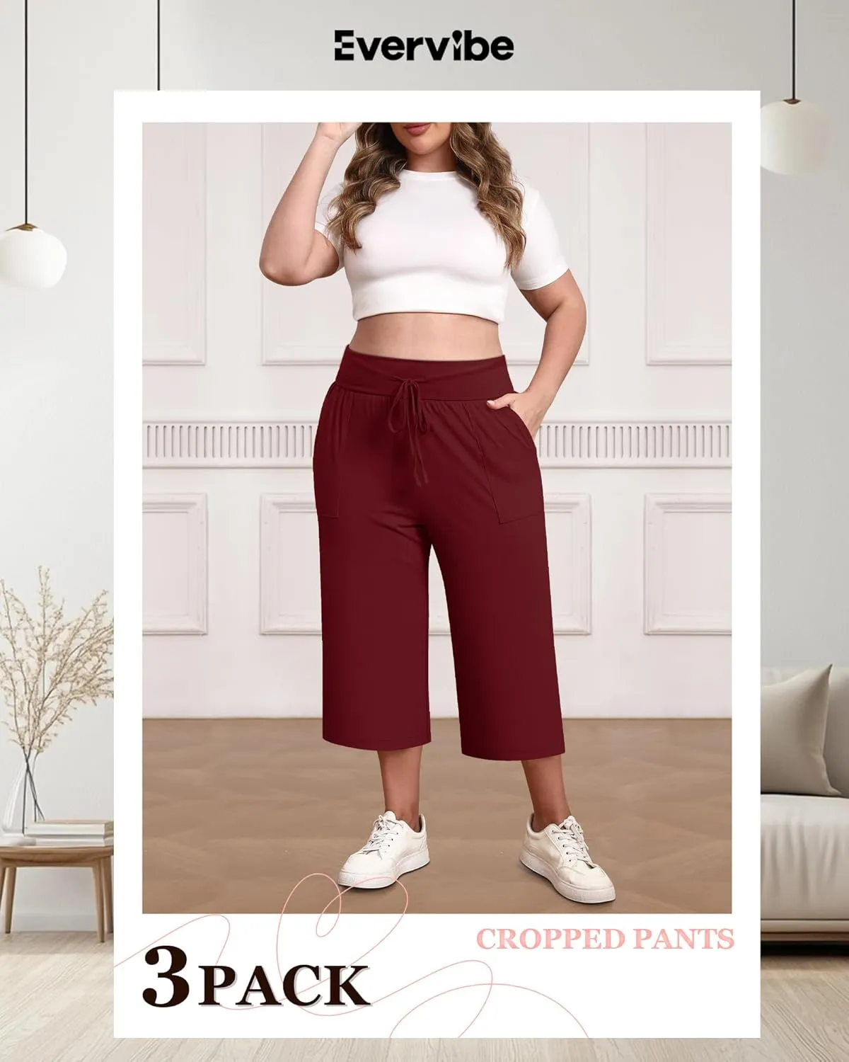 3 Pack Women's Plus Size Capri Pants, Cotton Drawstring Capris Sweatpants Casual Summer Cropped Pants with Pockets