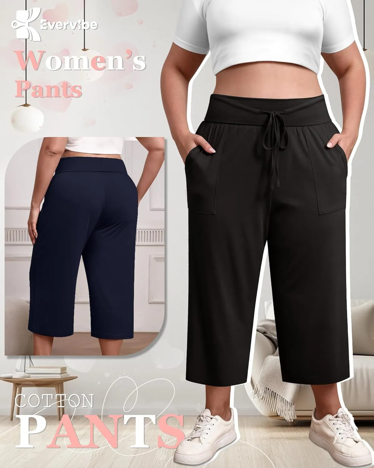3 Pack Women's Plus Size Capri Pants, Cotton Drawstring Capris Sweatpants Casual Summer Cropped Pants with Pockets