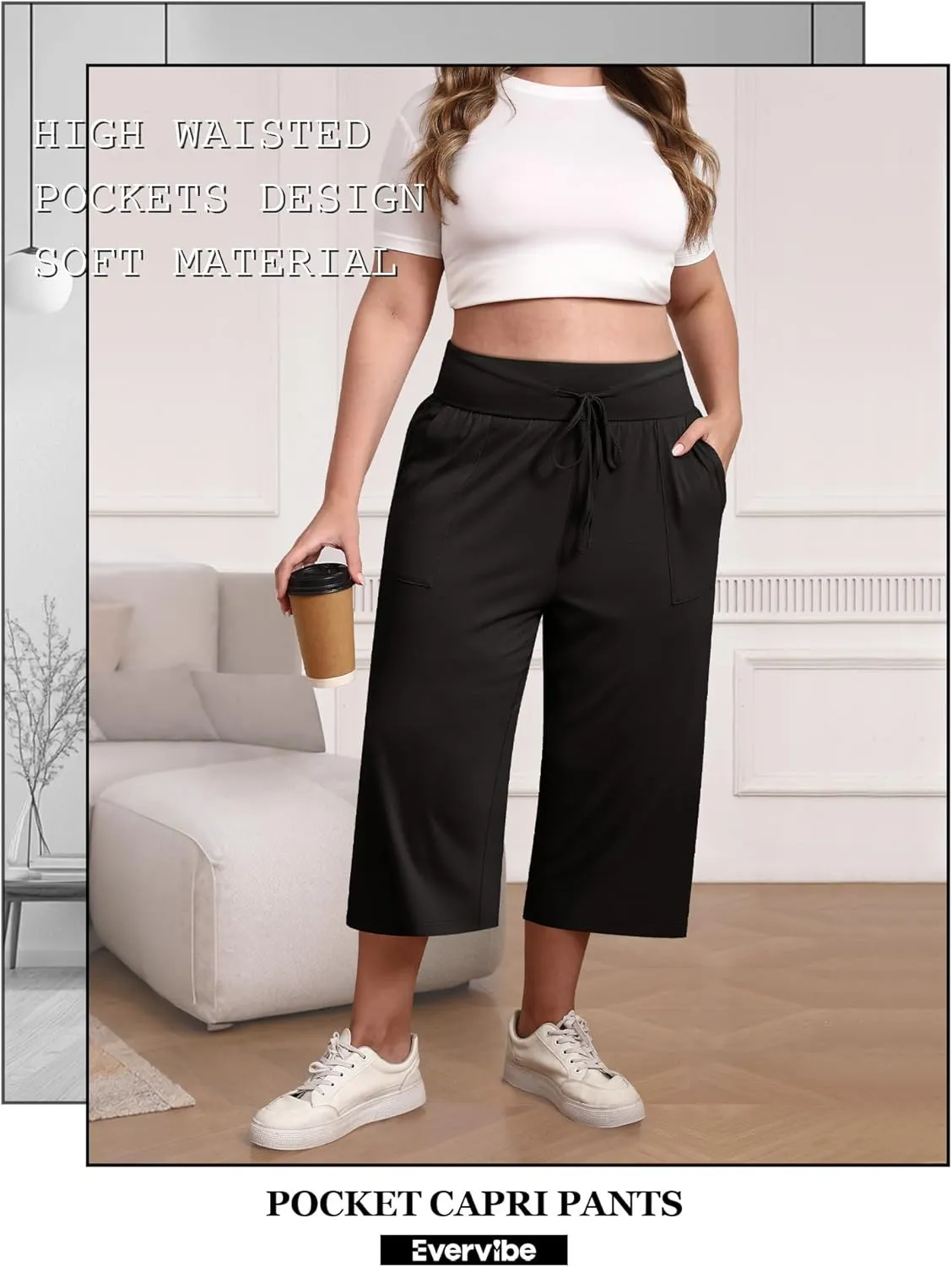 3 Pack Women's Plus Size Capri Pants, Cotton Drawstring Capris Sweatpants Casual Summer Cropped Pants with Pockets