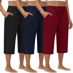 3 Pack Women's Plus Size Capri Pants, Cotton Drawstring Capris Sweatpants Casual Summer Cropped Pants with Pockets