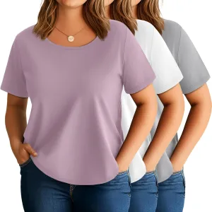 3 Pack Women's Plus Size Cotton Shirts, Scoop Neck Short Sleeve Casual Tops Summer Basic Tunic Tees