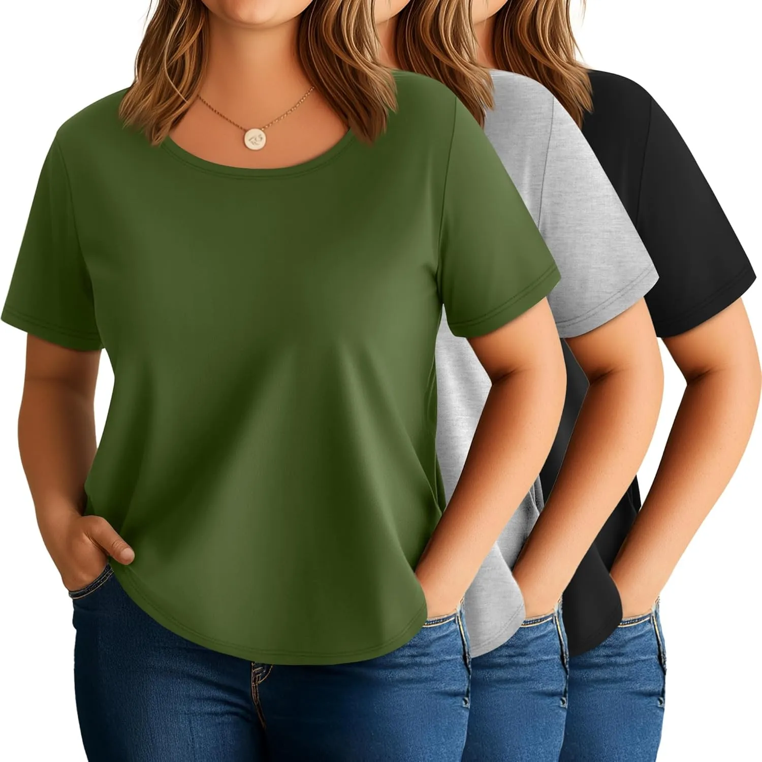 3 Pack Women's Plus Size Cotton Shirts, Scoop Neck Short Sleeve Casual Tops Summer Basic Tunic Tees