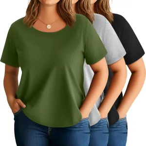 3 Pack Women's Plus Size Cotton Shirts, Scoop Neck Short Sleeve Casual Tops Summer Basic Tunic Tees