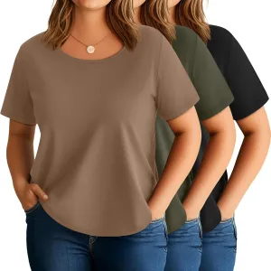 3 Pack Women's Plus Size Cotton Shirts, Scoop Neck Short Sleeve Casual Tops Summer Basic Tunic Tees