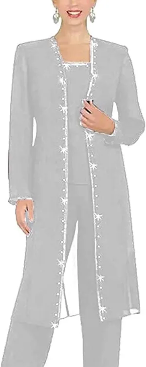 3 PC Chiffon Beaded Pant Suits Plus Size Mother of The Bride Wedding Formal Evening Groom Gowns