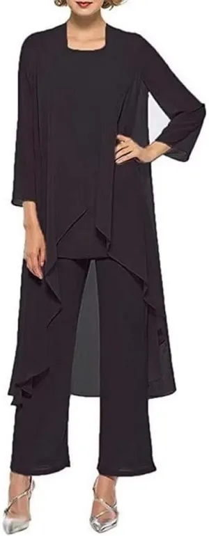 3 Pcs Mother of The Bride Pant Suits for Wedding Chiffon Long Sleeve Formal Outfit Wedding Pantsuits with Jacket 2023