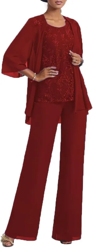 3 Pcs Mother of The Bride Pantsuits with Jacket Lace Applique Formal Pant Suit with Sleeves