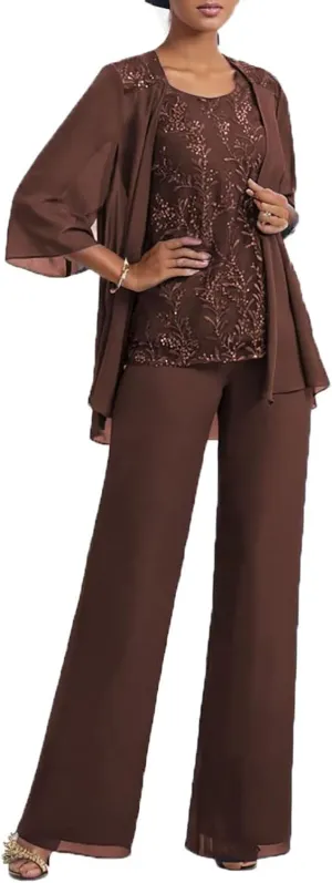 3 Pcs Mother of The Bride Pantsuits with Jacket Lace Applique Formal Pant Suit with Sleeves