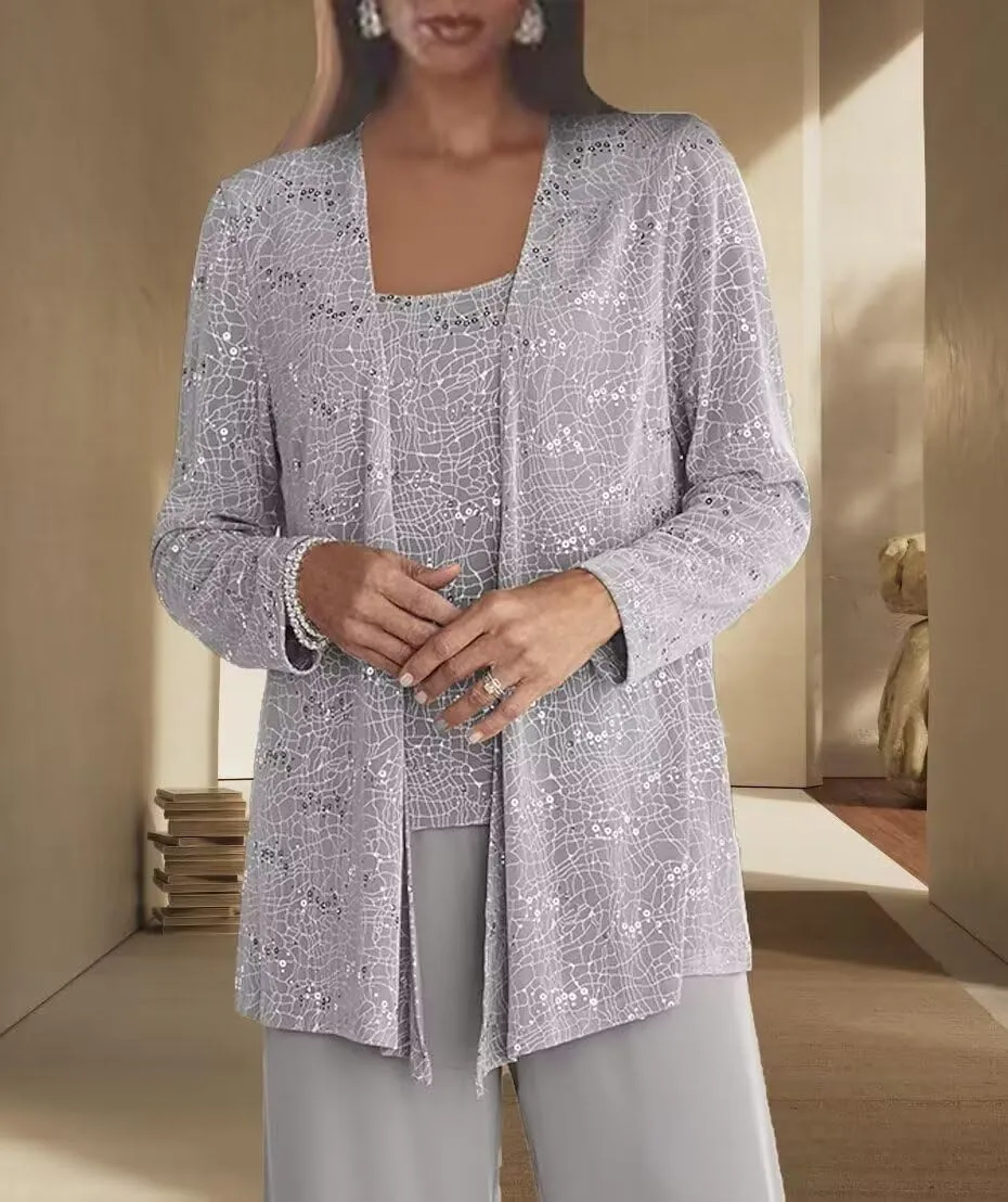 3 Pcs Pant Suit for Women Dressy Wedding Sparkly Sequins Long Sleeve Formal Outfit with Jacket