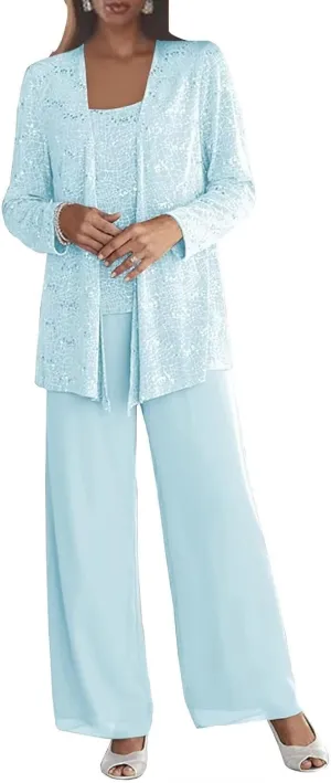 3 Pcs Pant Suit for Women Dressy Wedding Sparkly Sequins Long Sleeve Formal Outfit with Jacket