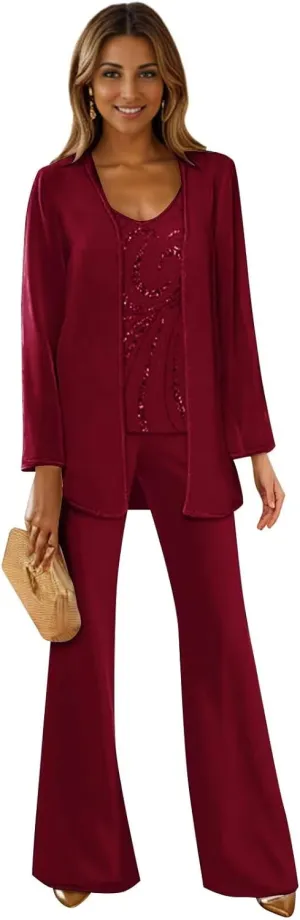 3 Piece Mother of The Bride Pant Suits for Wedding Long Sleeves Formal Pants Outfit with Jacket