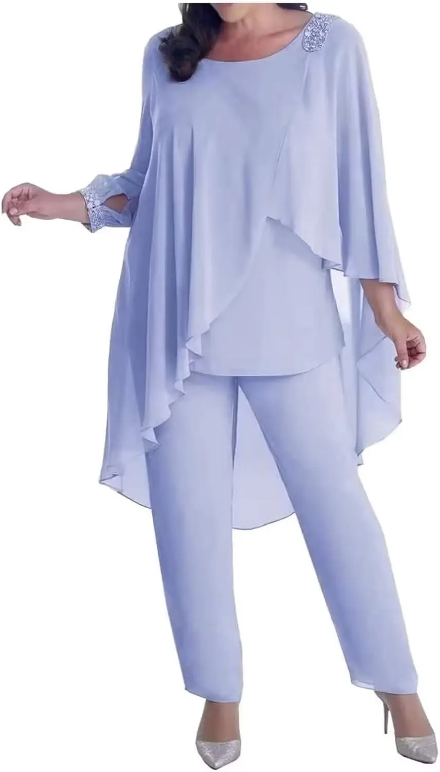 3 Pieces Mother of The Bride Dresses Pant Suits for Wedding with Beaded 3/4 Sleeve Cloak Evening Gowns 2023