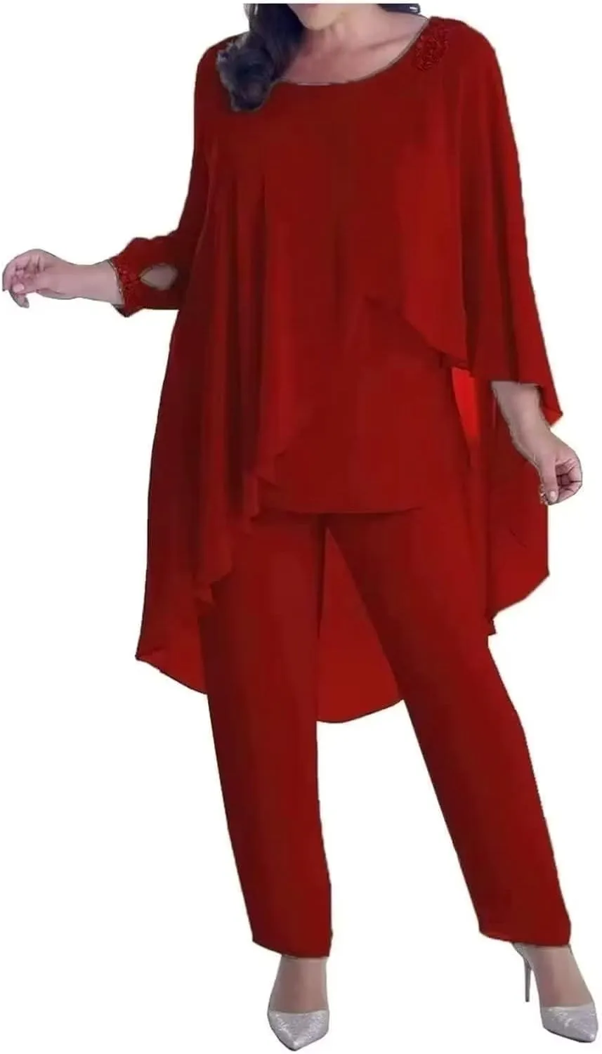 3 Pieces Mother of The Bride Dresses Pant Suits for Wedding with Beaded 3/4 Sleeve Cloak Evening Gowns 2023