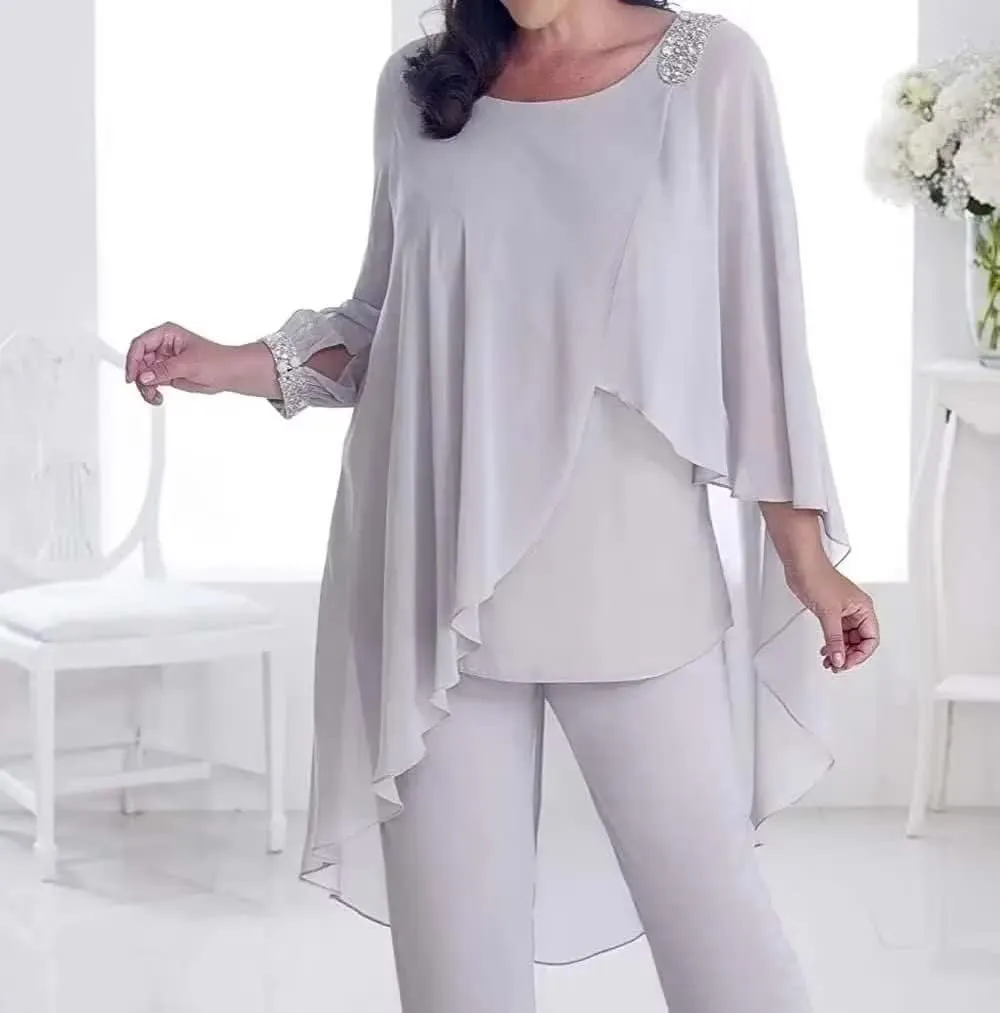 3 Pieces Mother of The Bride Dresses Pant Suits for Wedding with Beaded 3/4 Sleeve Cloak Evening Gowns 2023