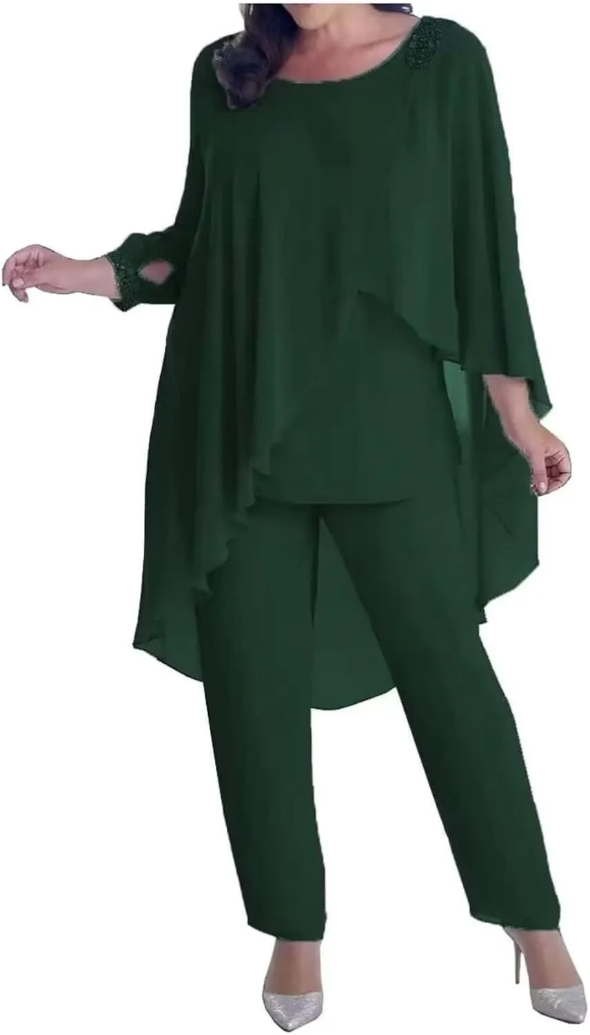 3 Pieces Mother of The Bride Dresses Pant Suits for Wedding with Beaded 3/4 Sleeve Cloak Evening Gowns 2023