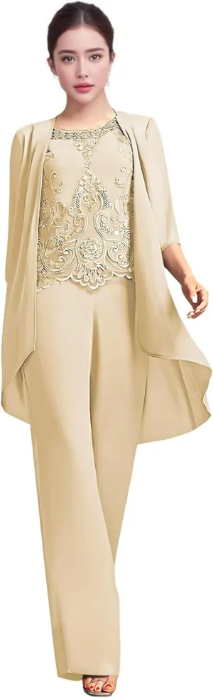 3 Pieces Mother of The Bride Pant Suits Chiffon Lace 3/4 Sleeve Pant Set Wedding Guest Outfits with Jacket