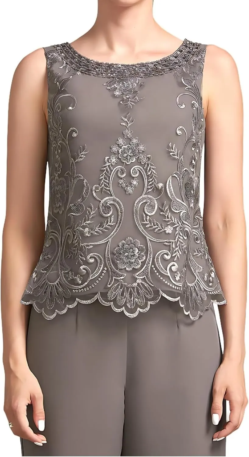 3 Pieces Mother of The Bride Pant Suits Chiffon Lace 3/4 Sleeve Pant Set Wedding Guest Outfits with Jacket