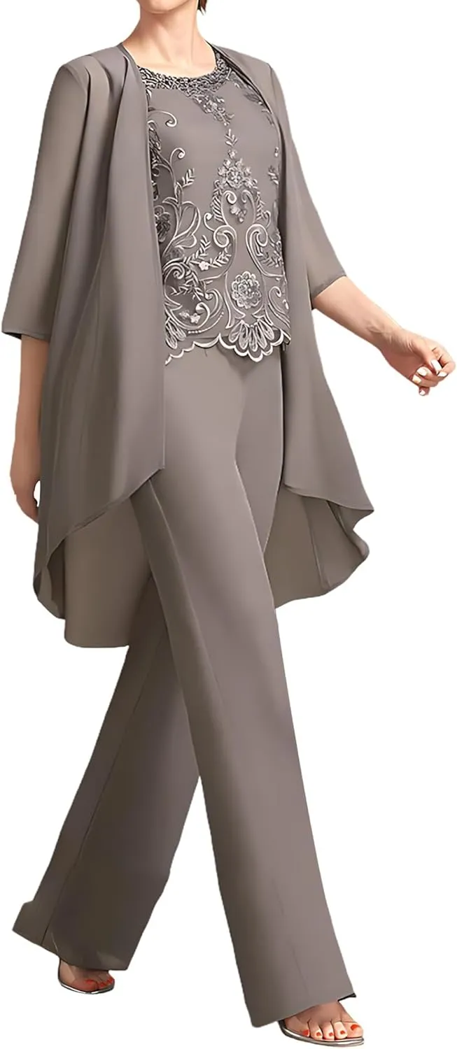 3 Pieces Mother of The Bride Pant Suits Chiffon Lace 3/4 Sleeve Pant Set Wedding Guest Outfits with Jacket