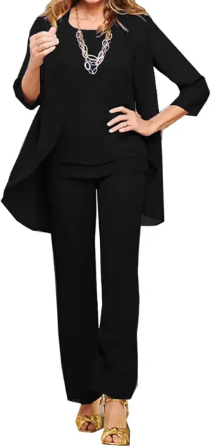 3 Pieces Mother of The Bride Pant Suits for Wedding Chiffon Outfit Sets Formal Evening Gowns with Jacket