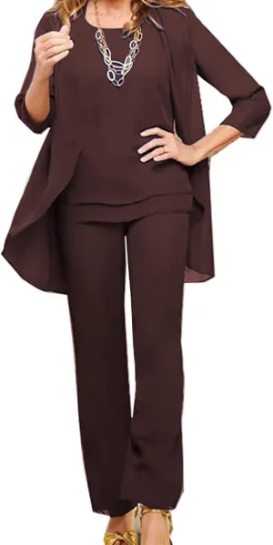3 Pieces Mother of The Bride Pant Suits for Wedding Chiffon Outfit Sets Formal Evening Gowns with Jacket