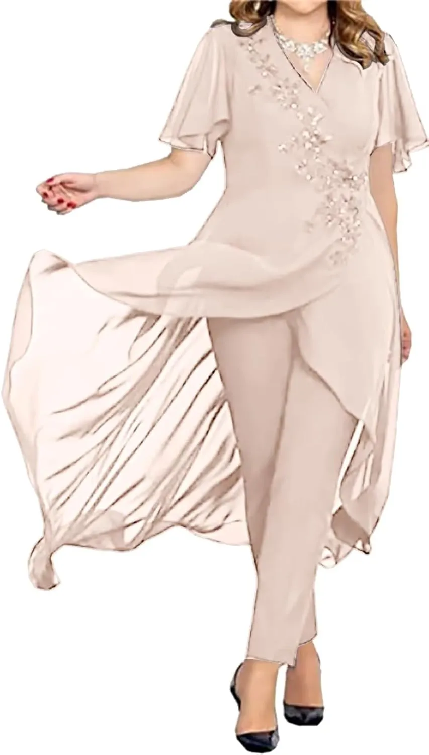3 Pieces Mother of The Bride Pant Suits for Wedding Long Sleeves Chiffon Pantsuits Formal Evening Outfit with Jacket