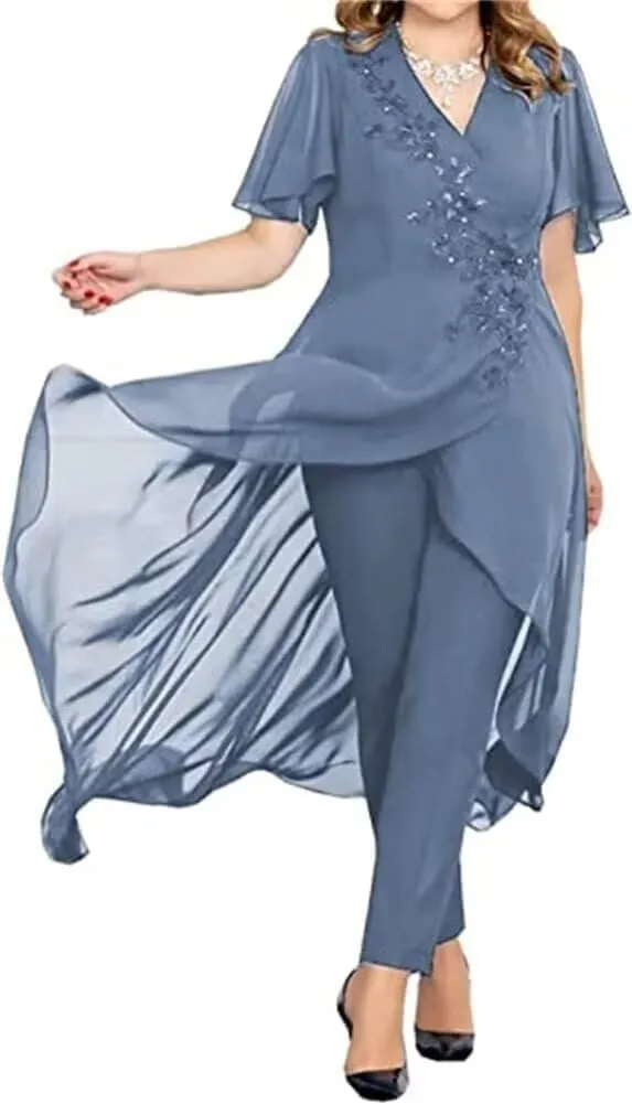 3 Pieces Mother of The Bride Pant Suits for Wedding Long Sleeves Chiffon Pantsuits Formal Evening Outfit with Jacket
