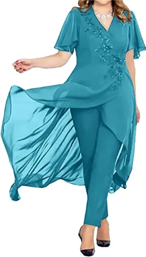 3 Pieces Mother of The Bride Pant Suits for Wedding Long Sleeves Chiffon Pantsuits Formal Evening Outfit with Jacket