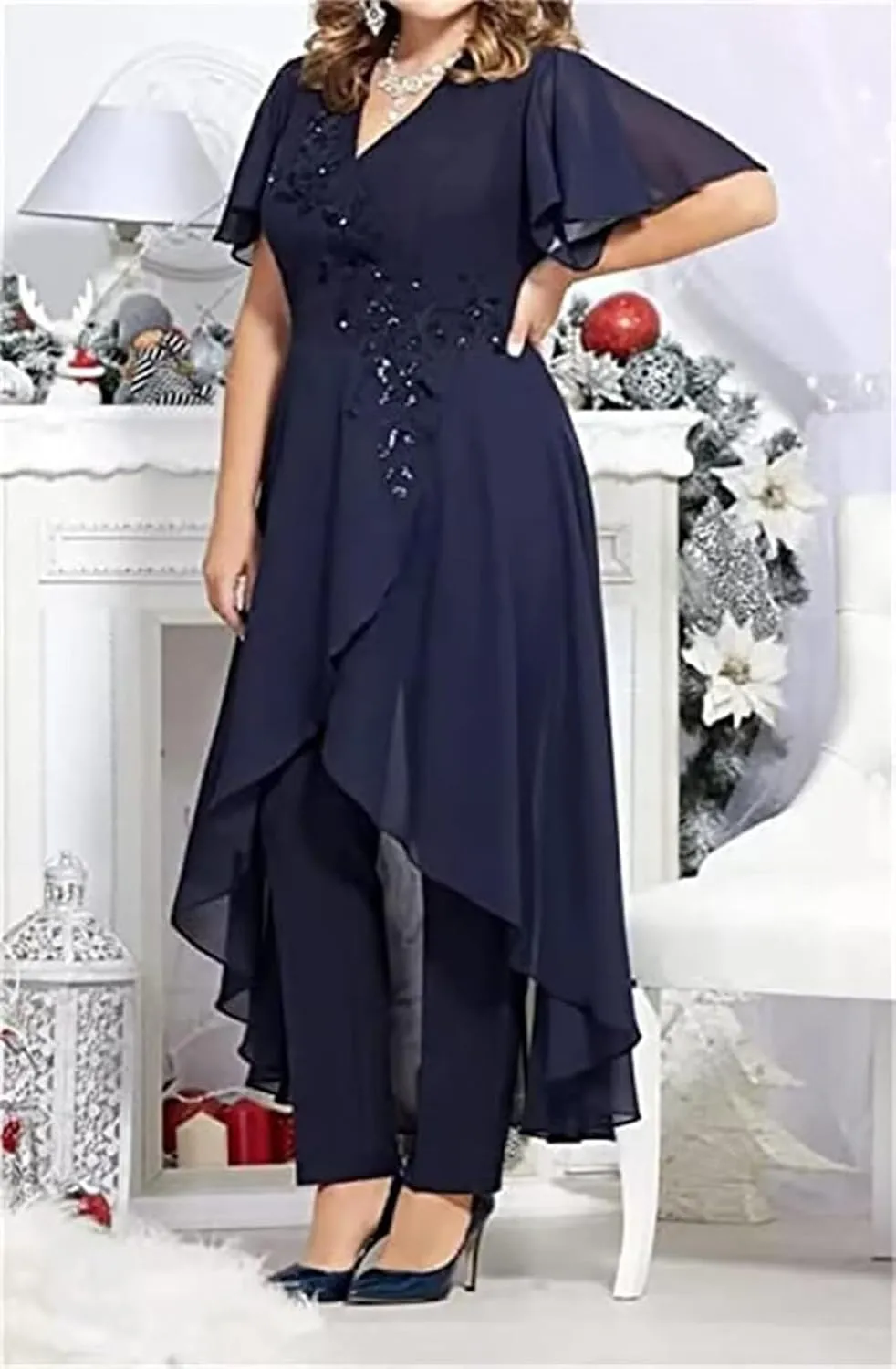 3 Pieces Mother of The Bride Pant Suits for Wedding Long Sleeves Chiffon Pantsuits Formal Evening Outfit with Jacket