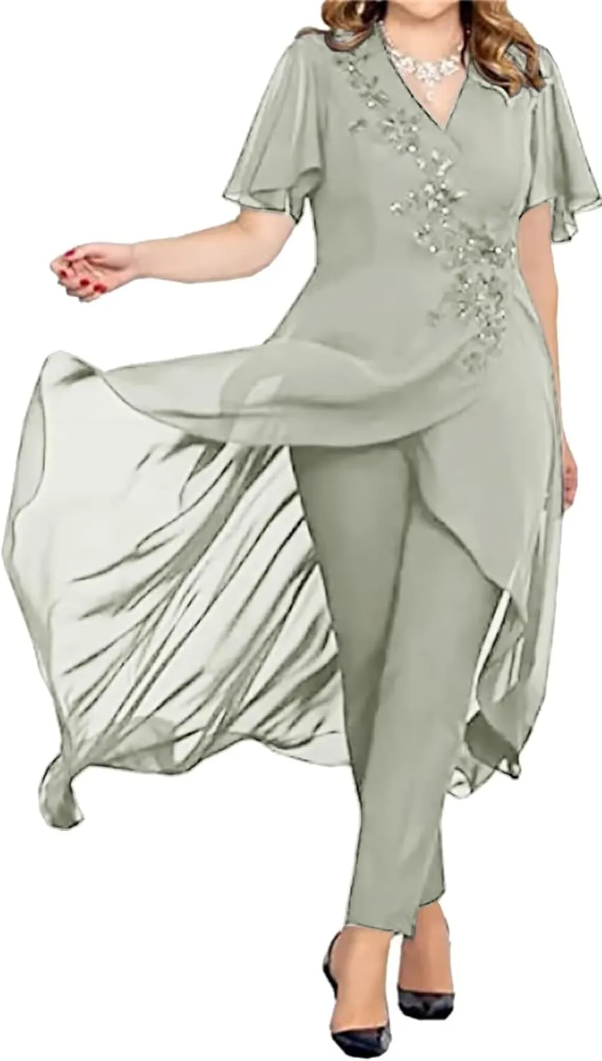 3 Pieces Mother of The Bride Pant Suits for Wedding Long Sleeves Chiffon Pantsuits Formal Evening Outfit with Jacket