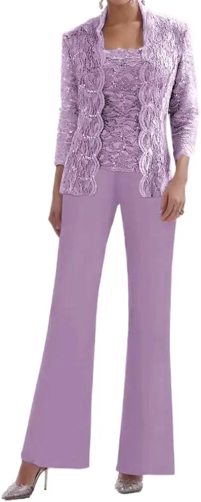 3 Pieces Mother of The Bride Pant Suits for Women Chiffon Laces Applique Formal Evening Gowns with Jacket