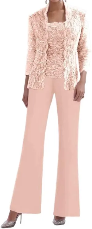 3 Pieces Mother of The Bride Pant Suits for Women Chiffon Laces Applique Formal Evening Gowns with Jacket