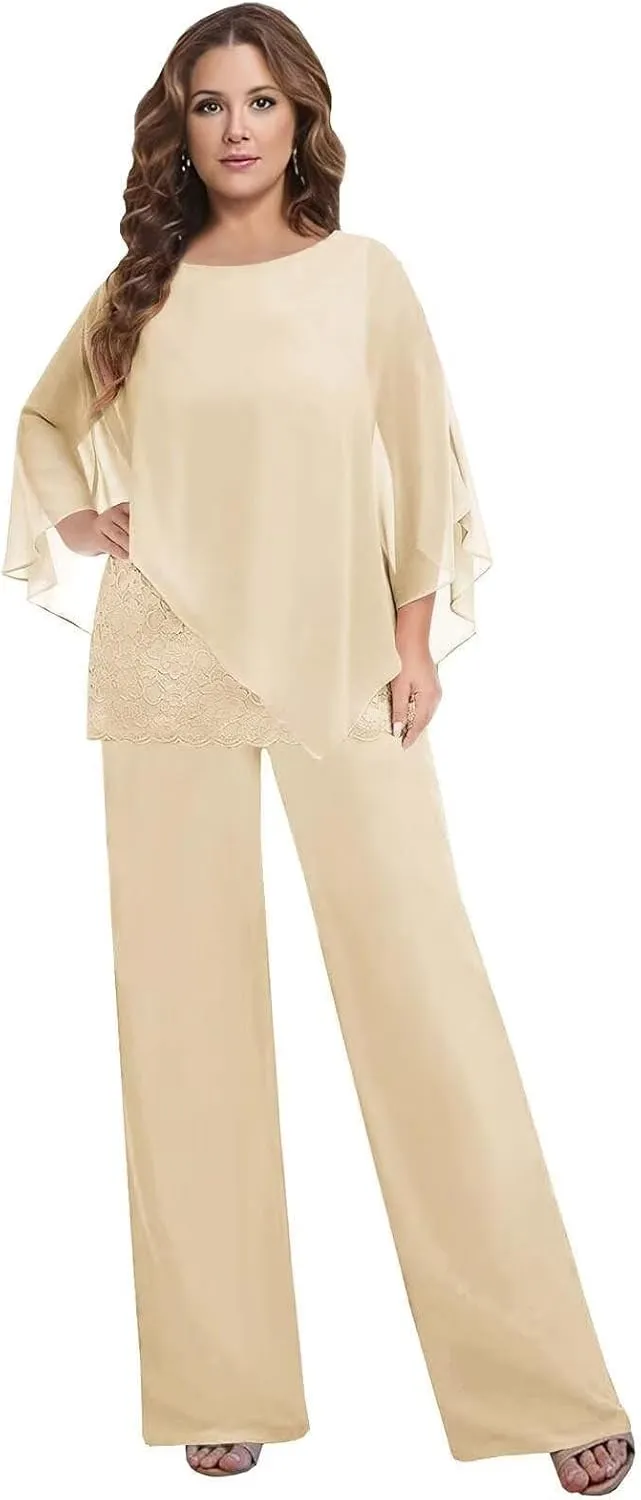 3 Pieces Mother of The Bride Pant Suits for Women Dressy Chiffon Lace Womens Formal Outfit